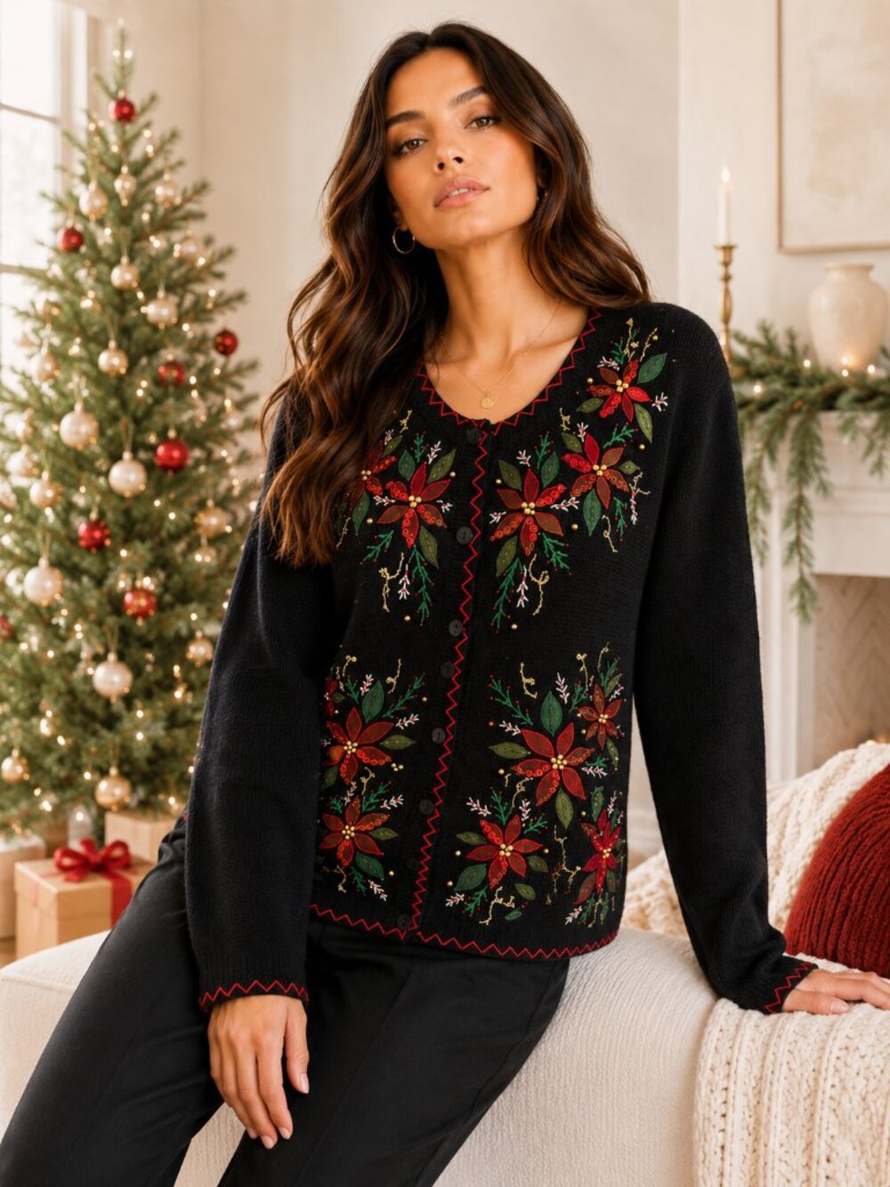Vintage 90's Christmas Cardigan | Poinsettia Sequin Sweater | Beaded | S/M